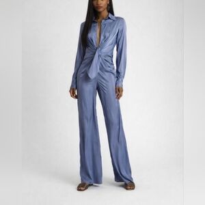 Blue Lafayette Striped Deep V Wide-Leg Jumpsuit Size 14 NEW